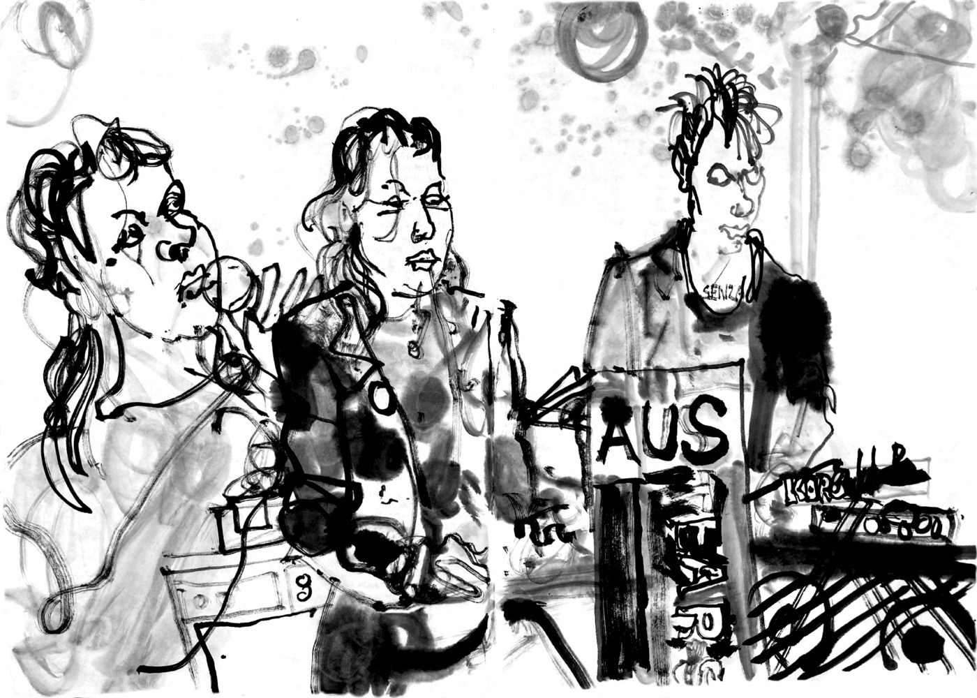 Ink drawing of two musicians, a woman depicted twice and a man, both singing and playing eletronic devices.