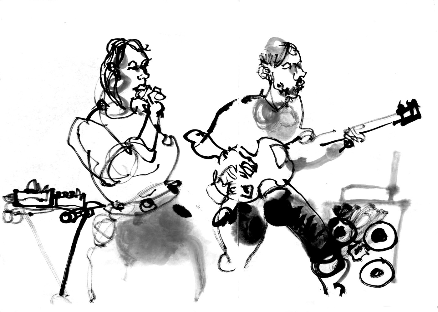 Ink drawing of two musicians, a woman, singing and playing an electronic device, and a man playing bass guitar.