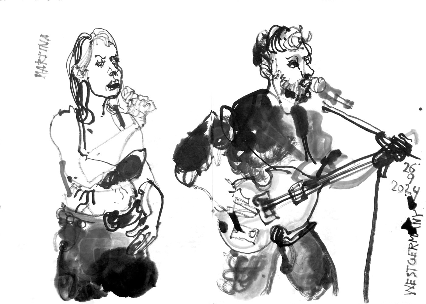 Ink drawing of two musicians, a woman, singing and a man playing bass guitar.