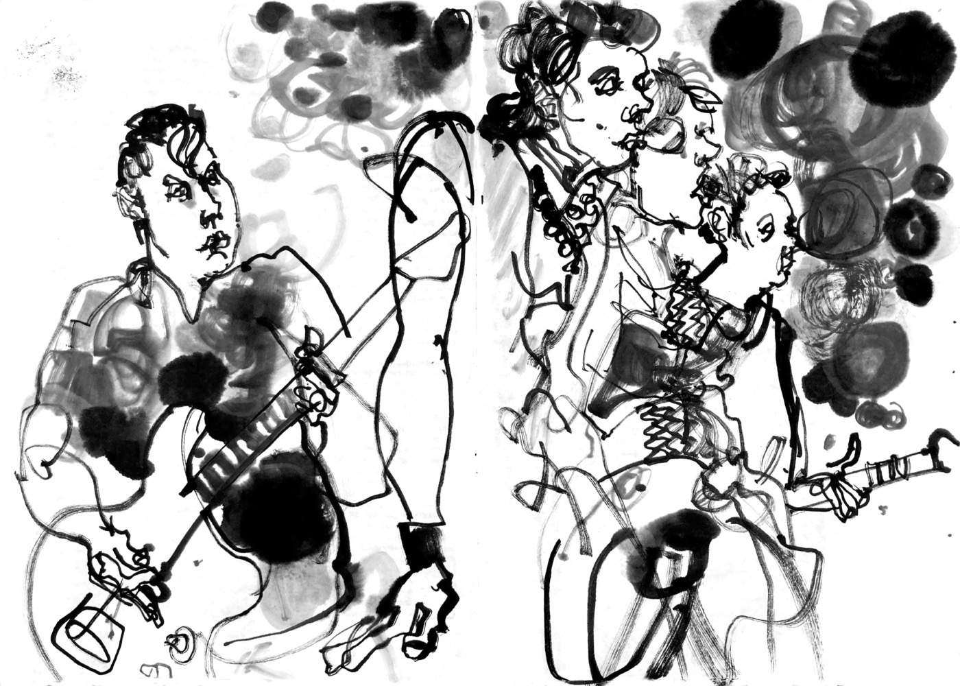 Ink drawing of four musicians performing.