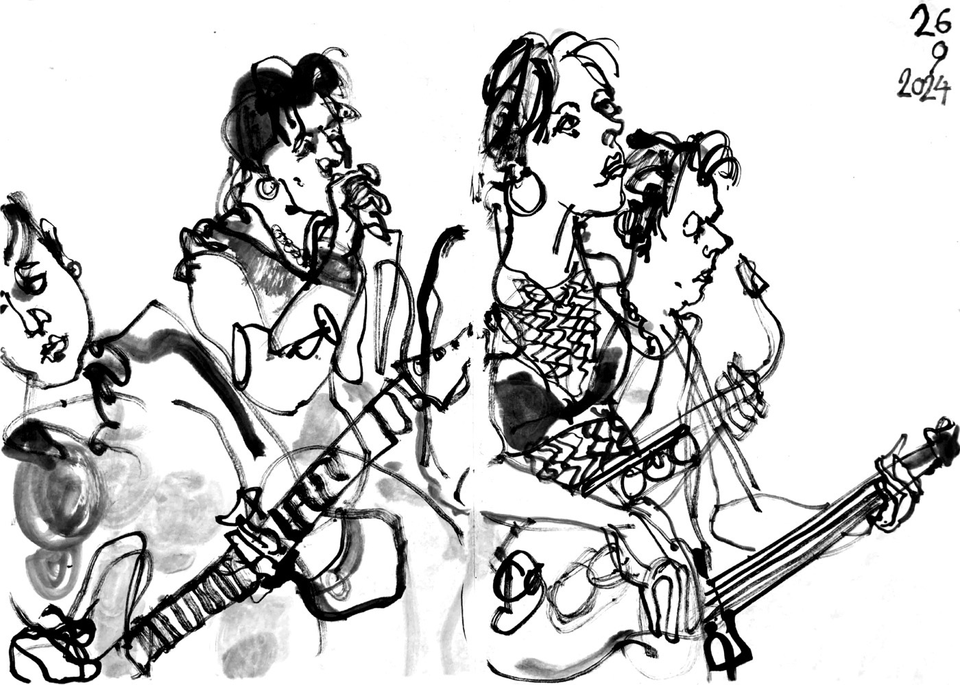 Ink drawing of four musicians performing.