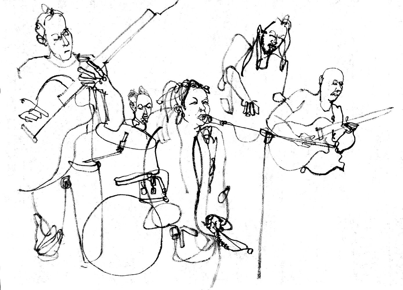 Ink drawing of five musicians, four men and one woman.