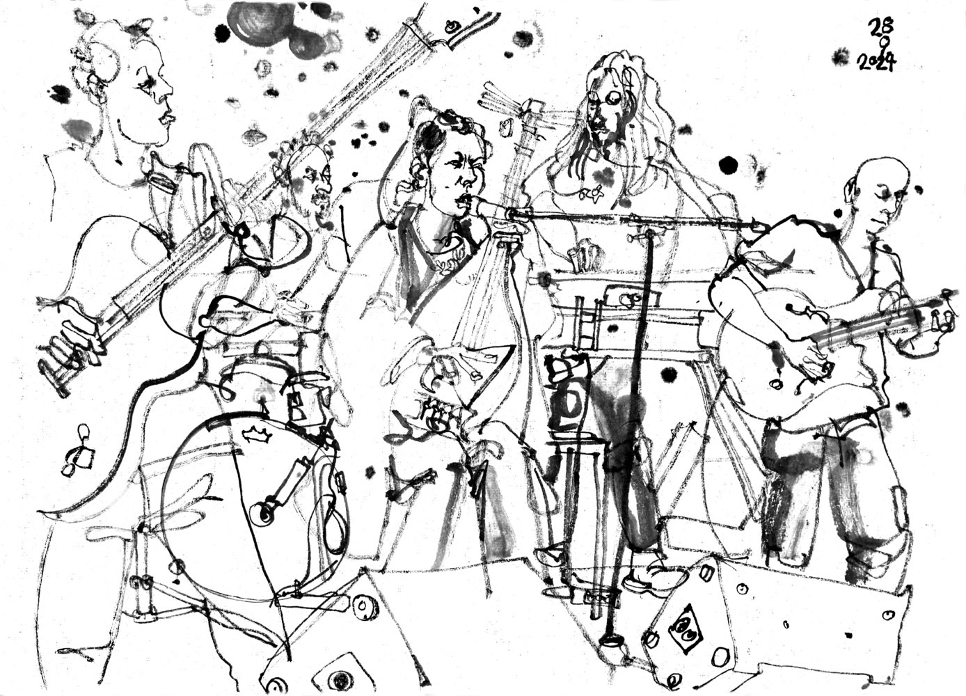 Ink drawing of five musicians, four men and one woman.