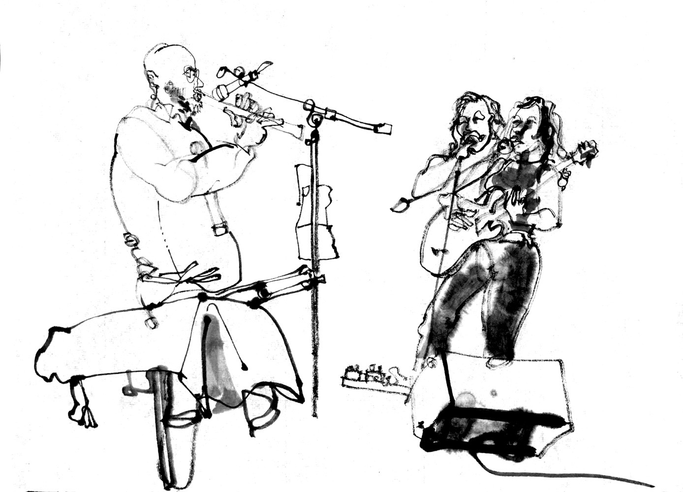 Ink drawing of two musicians, a man playing flute and a woman, depicted twice, singing and playing guitar.