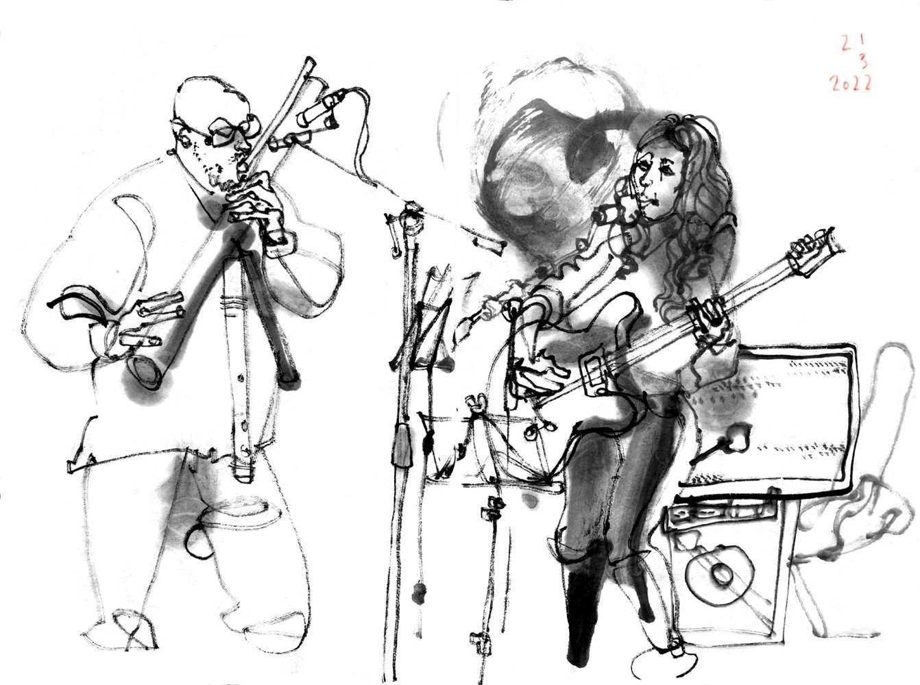 Ink drawing of two musicians, a man playing flutes and a woman, singing and playing the guitar.