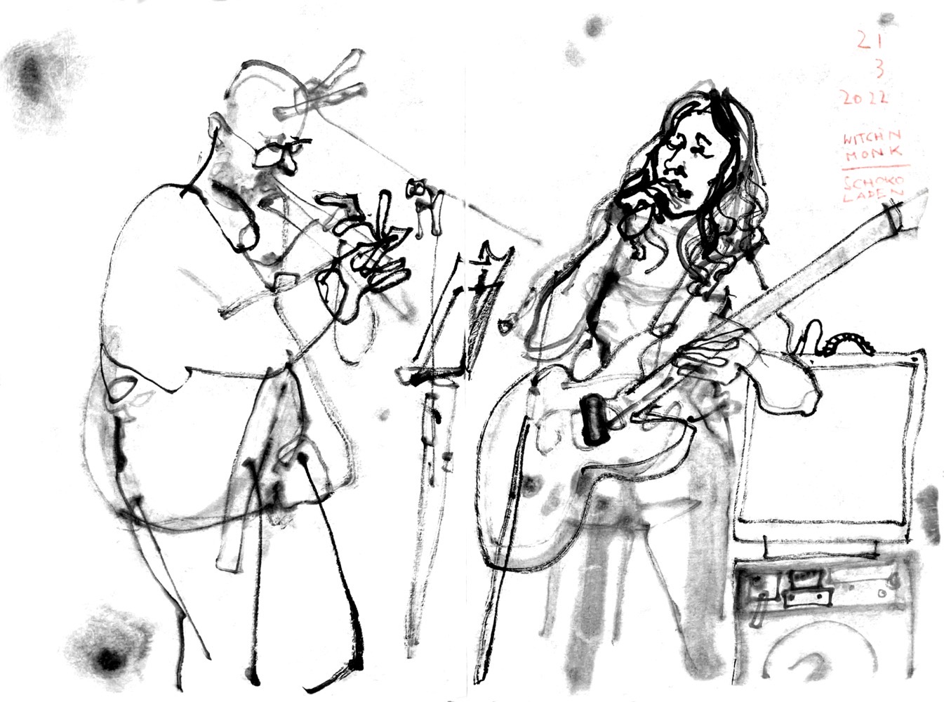 Ink drawing of two musicians, a man playing flutes and a woman, singing and playing the guitar.