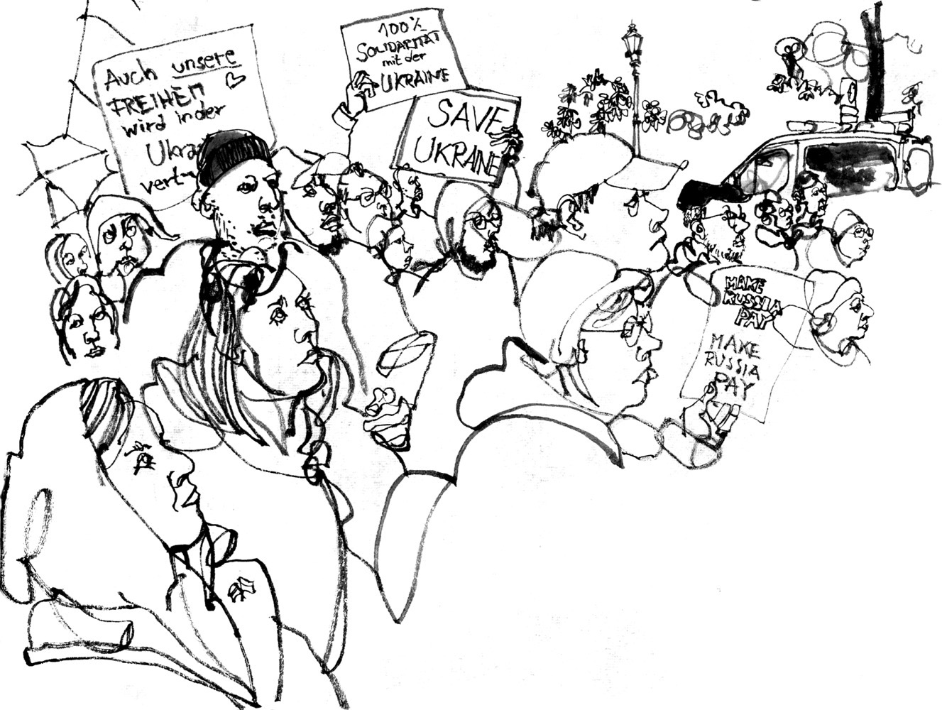 Ink drawing of a domnstration - signs: ‘Auch unsere Fraiheit wird in der Ukraine verteidigt’, ‘100% SOLIDARITÄT mit der UKRAINE’, ‘SAVE UKRAINE’, MAKE RUSSIA PAY’