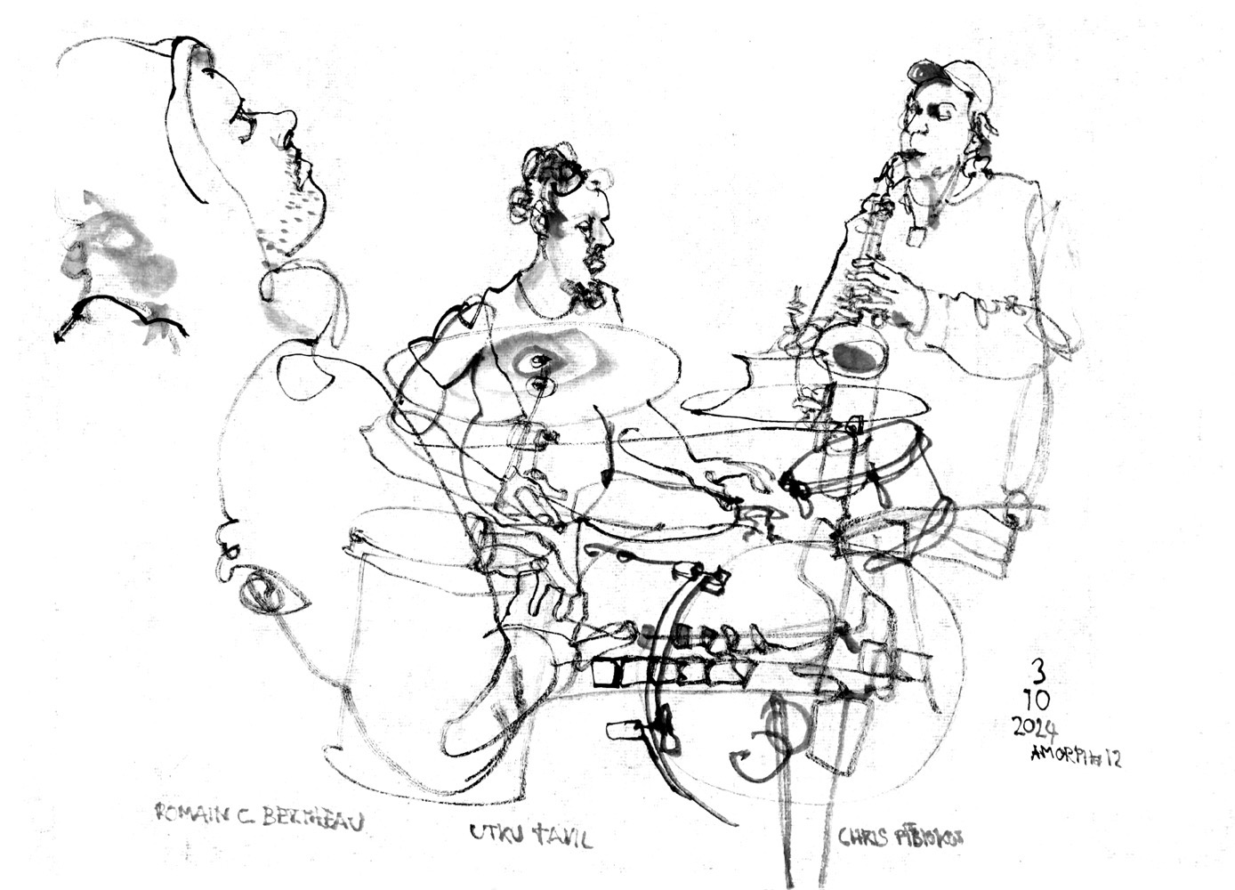 Ink drawing of hree musician,s, three man, on piano, drims and saxophone.