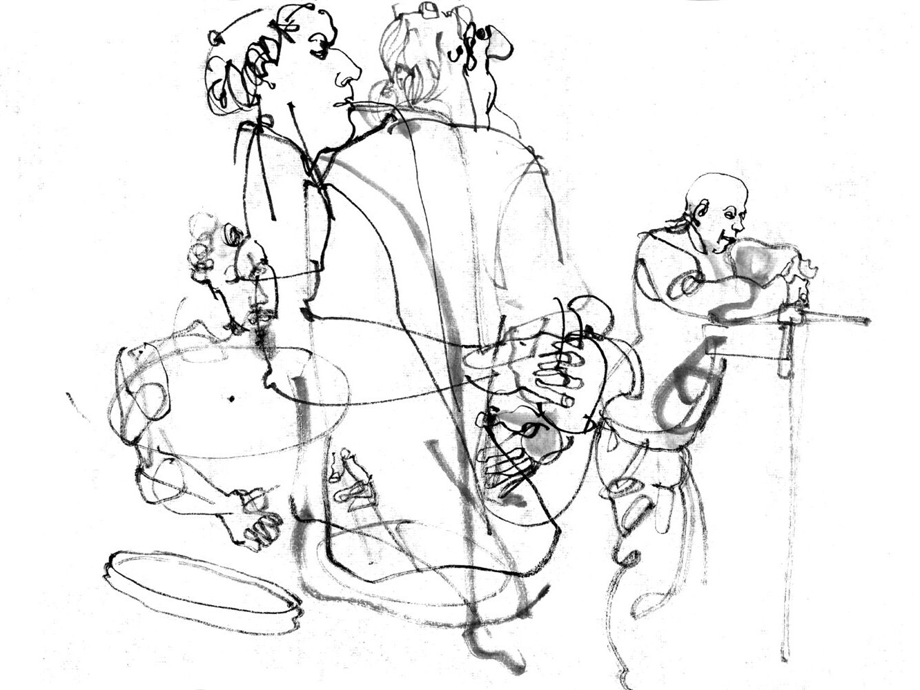 Ink drawing of three male musicians, a drummer, a saxophone player (depicted twice) and a guy on some electronic device.