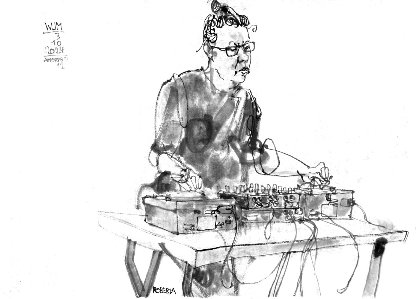 Ink drawing of a female musician, standing at a desk with two electronic turntables and more electronic devices.