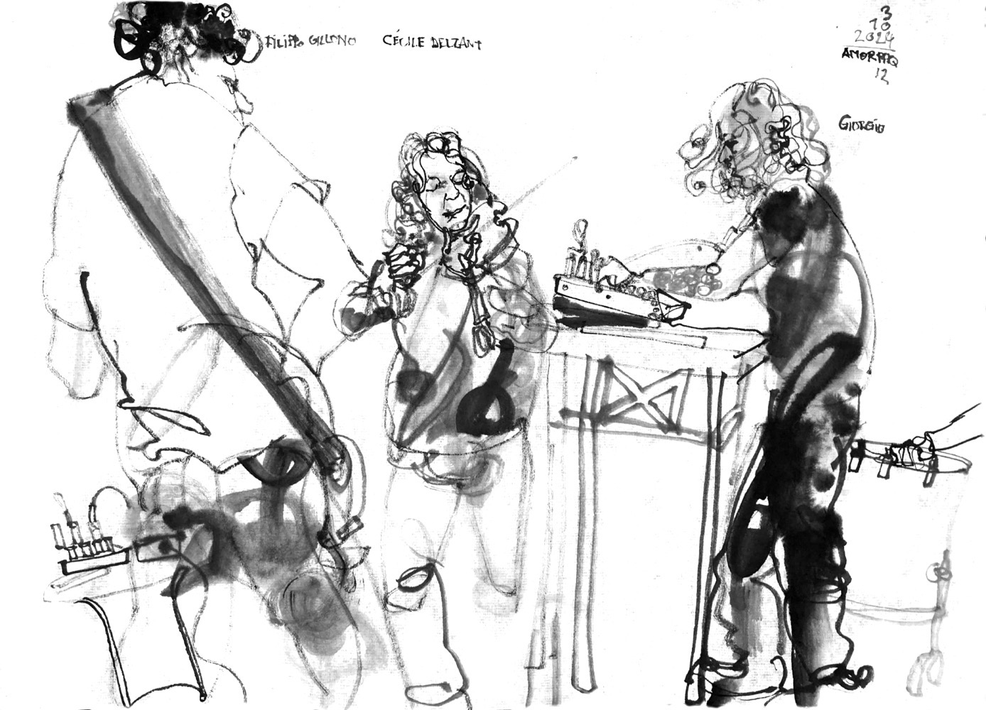 Ink drawing of three musicians, a man playing guitar, a woman with a violin and a man at an electronic device, a single drum aside of him.