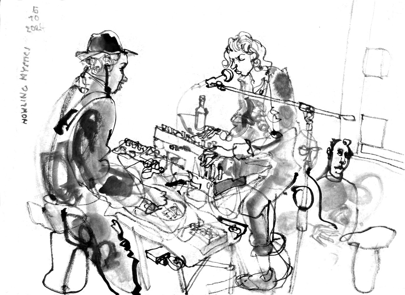 Ink drawing of two musicians, a man on a desk with electronics and a slide guitar and a woman with a microphone at a desk with a keyboard and electronic devices, audience visible behind them (two men on a sofa).