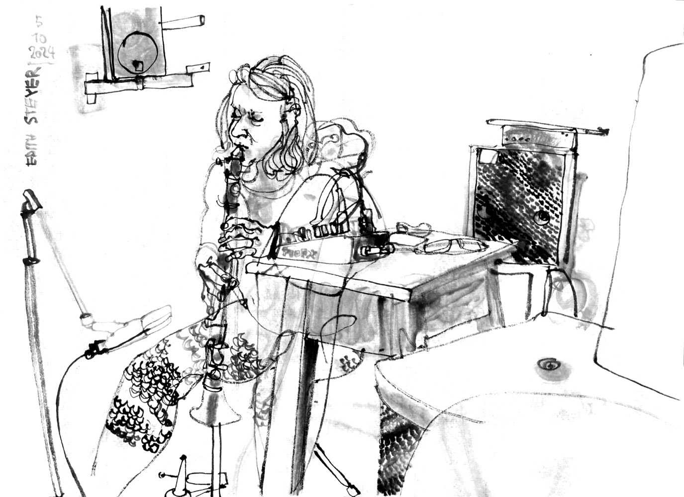 Ink drawing of a woman, playing a clarinet, seated, aside of a desk with a device with cables plugged in.