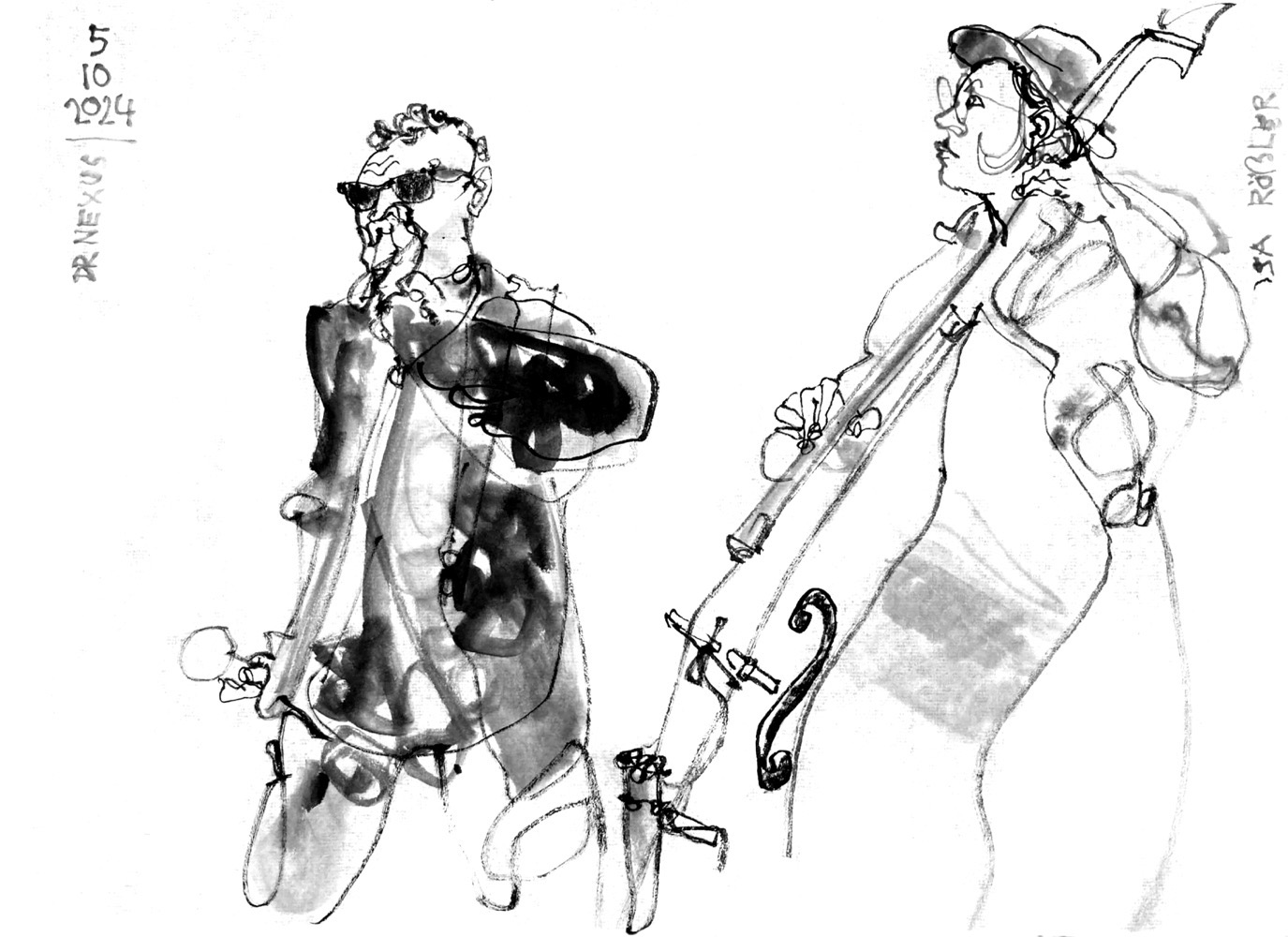 Ink drawing of two musicians - a man with sunglasses and a microphone in each hand, ans a woman, playing double bass.