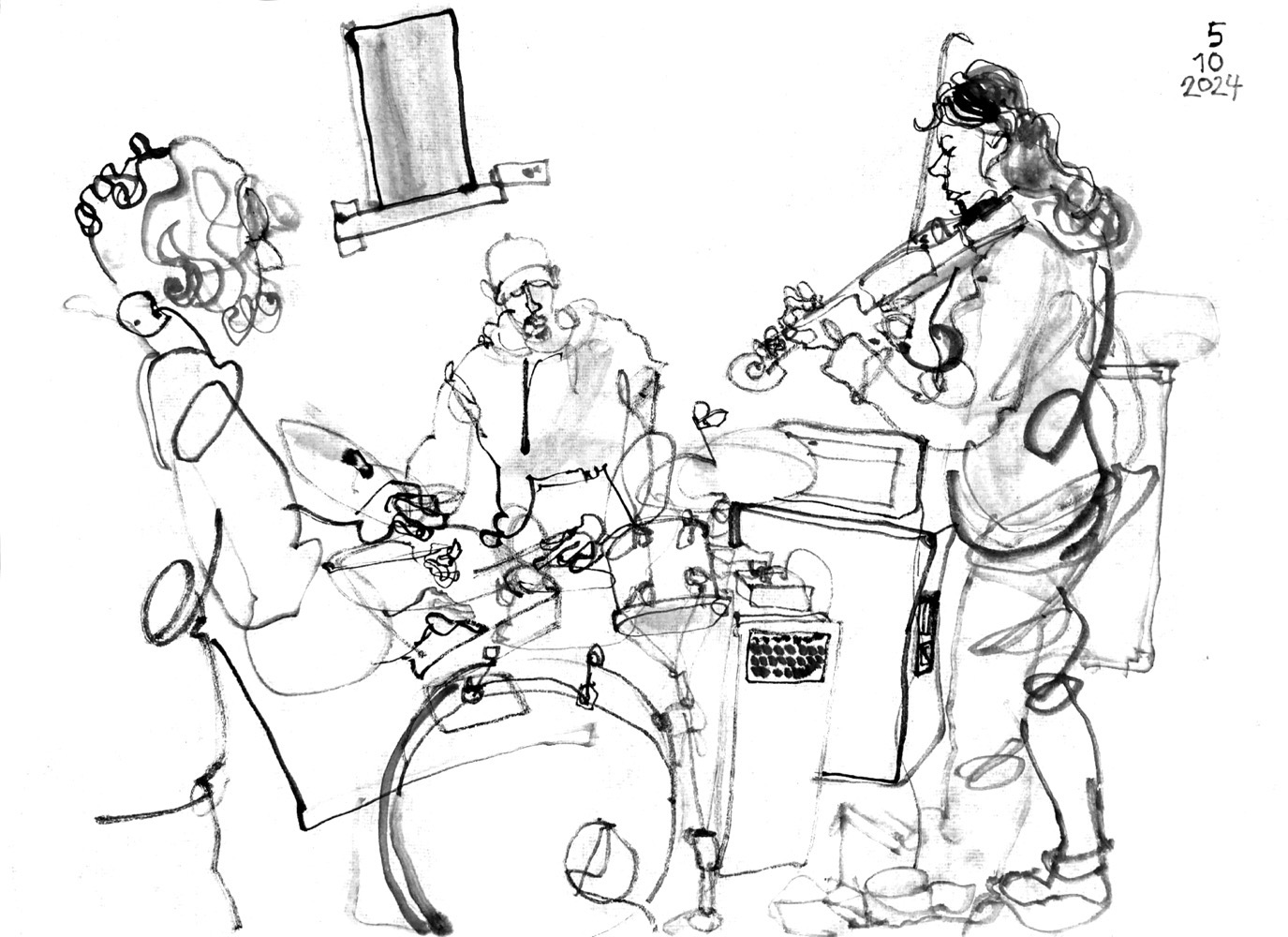 Ink drawing of three musicians - a man standing at a desk with an device, a man playing drums and a woman playing violin.