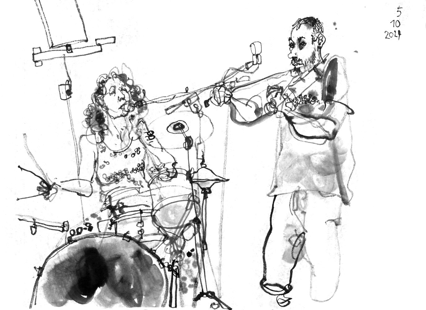 Ink drawing of two musicians - a mwoman on drums with a microphone and a man playing violin, either with a microphone for voice too.