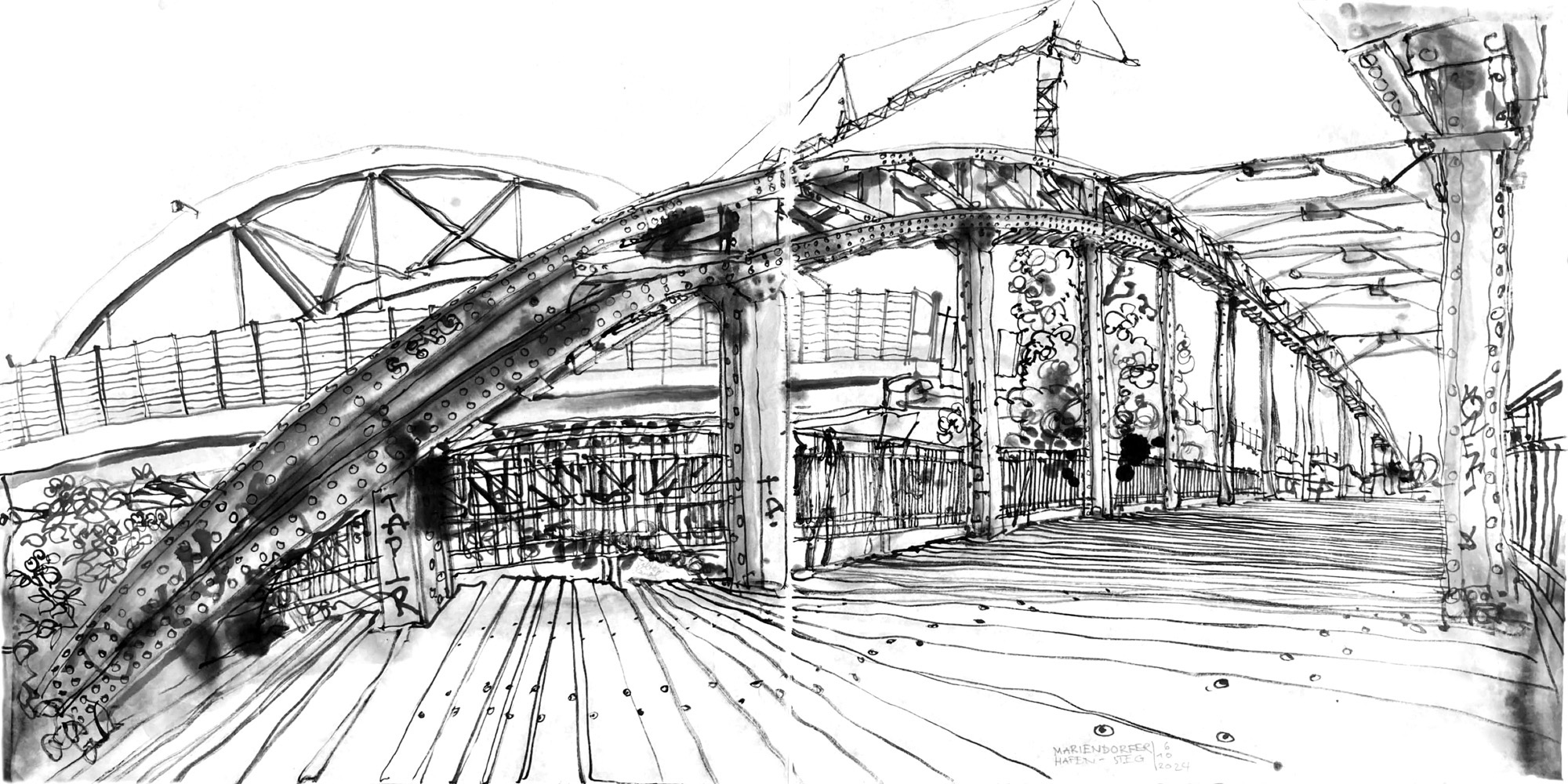 Ink drawing of a pedestrian bridge, an iron bow with columns in front, the bridge has a cover of wood planks, a small bit of canal can be seen through the railing,in the back is another modern bridge, a concrete driveway for trains hanging from a plain iron bow.