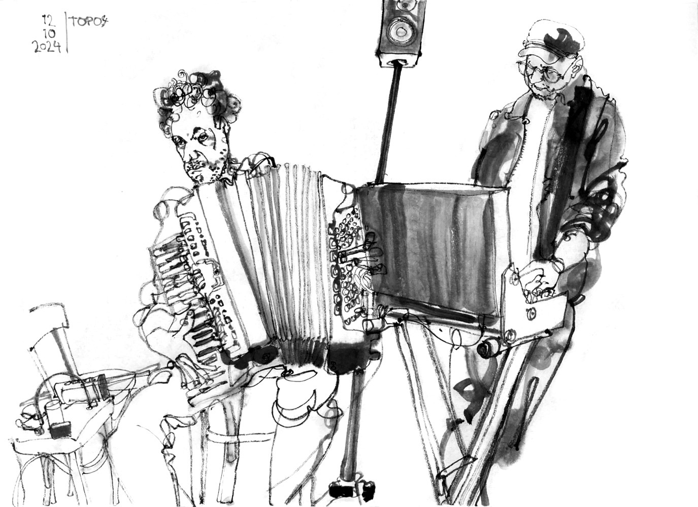 Ink drawing of two musicians - a man playin accordion and anothrt man at a synthesizer