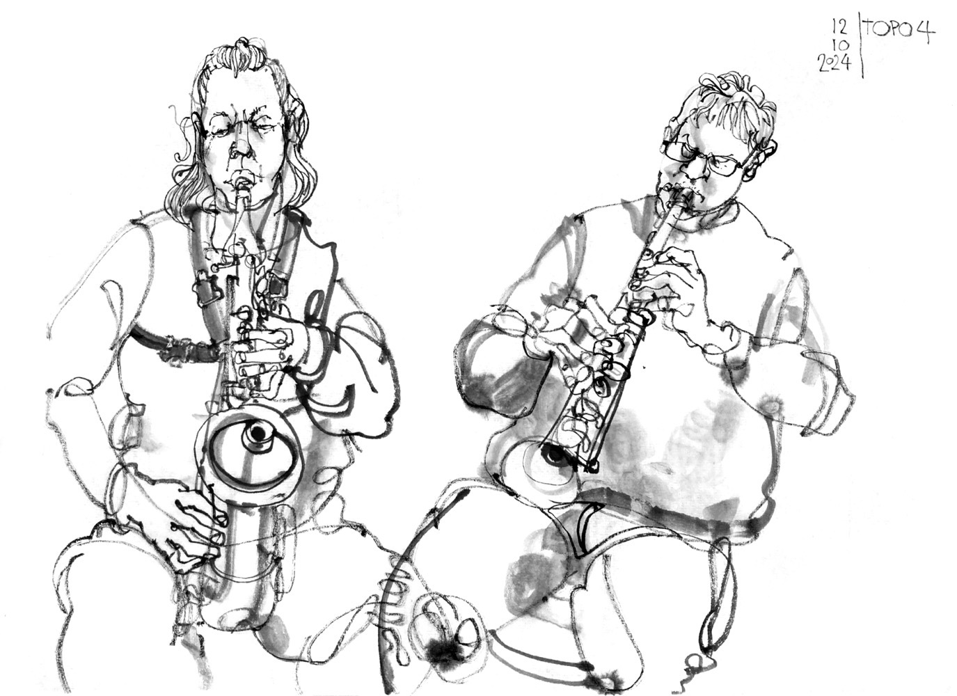 Ink drawing of two musicians, a woman playing alto saxophone and man playing soprano saxophone.