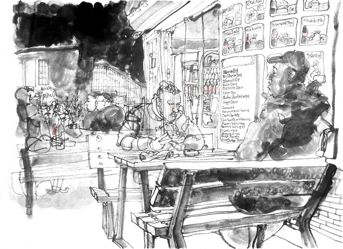 Ink drawing of guests in front of a snack bar at night, all men, all dressed for the cold.