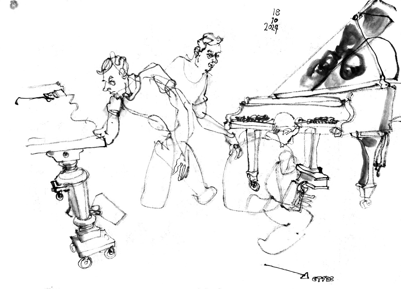 Ink drawing of a man (depicted three times) playing on three pianos (two of them depicted)