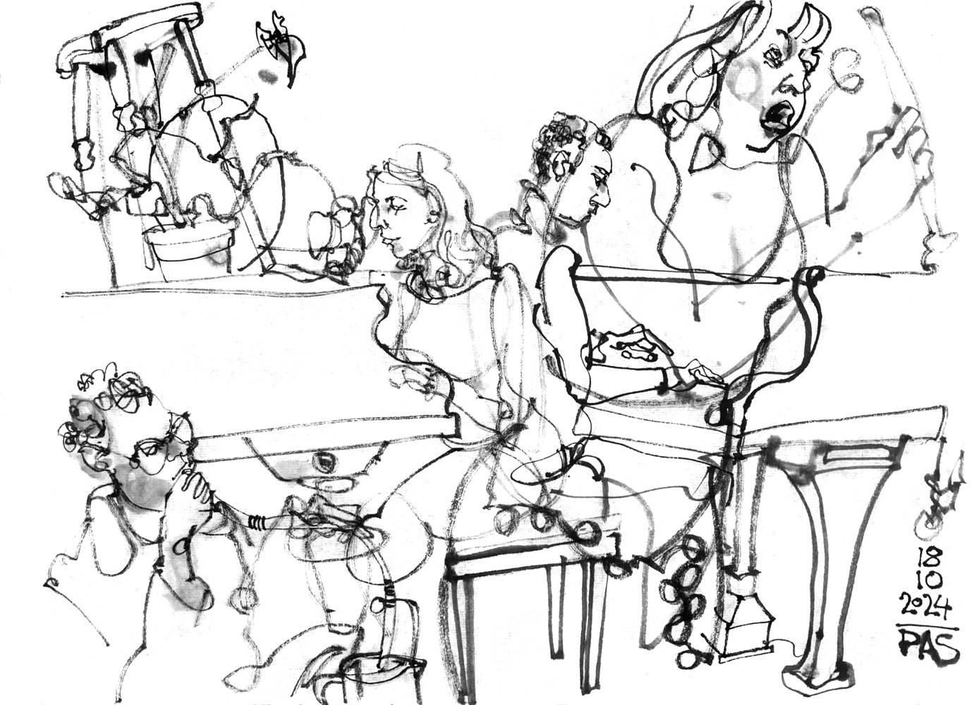 Ink drawing of three musicians, a man blowing in a hose, two piano players - a woman playing a piano with lots of stuff inside (flower pots, bar stools etc. and a man, playing a plain piano, and a woman, doing voice action.