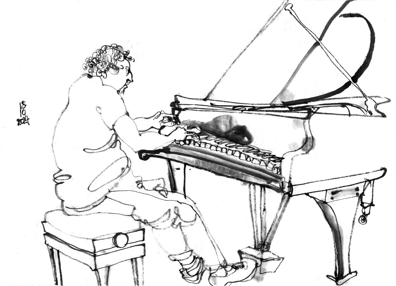 Ink drawing of a man, playing piano