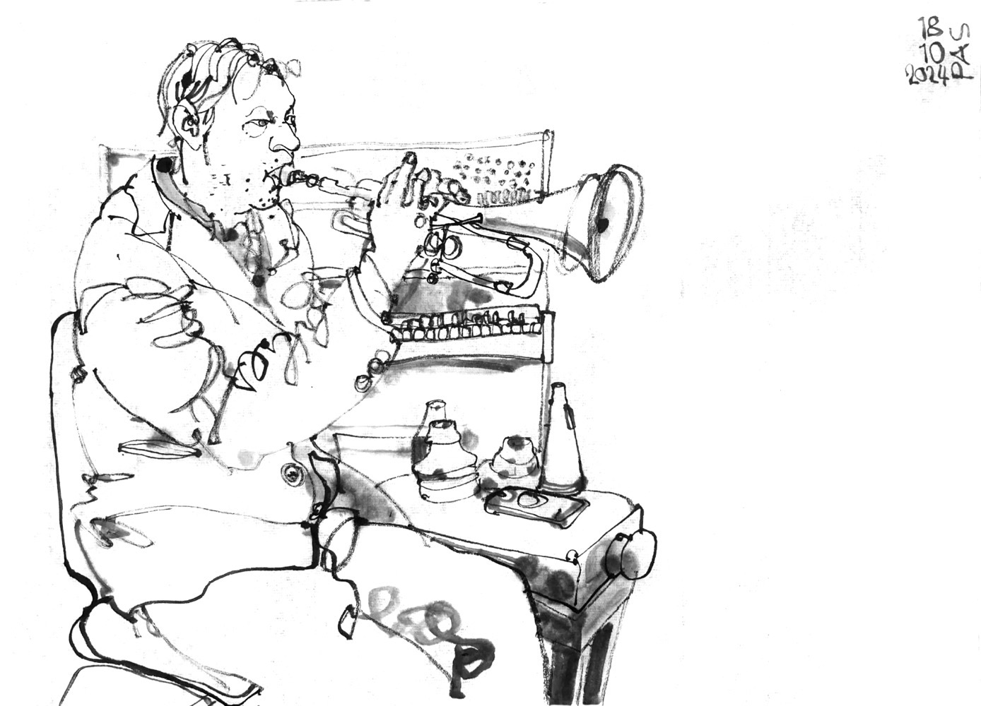 Ink drawing of a man, sitting on a chair and playing trumpet, some trumpet manipulating equipment on a stool aside of him and an upright piano in the background.