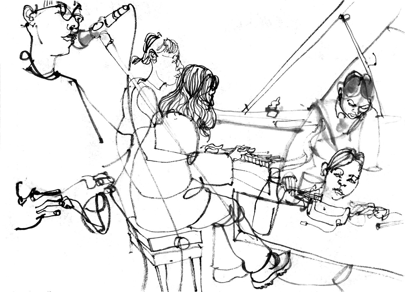 Ink drawing of three musicians, a woman singing, another woman playing piano and a third doing things with some devices on a desk.