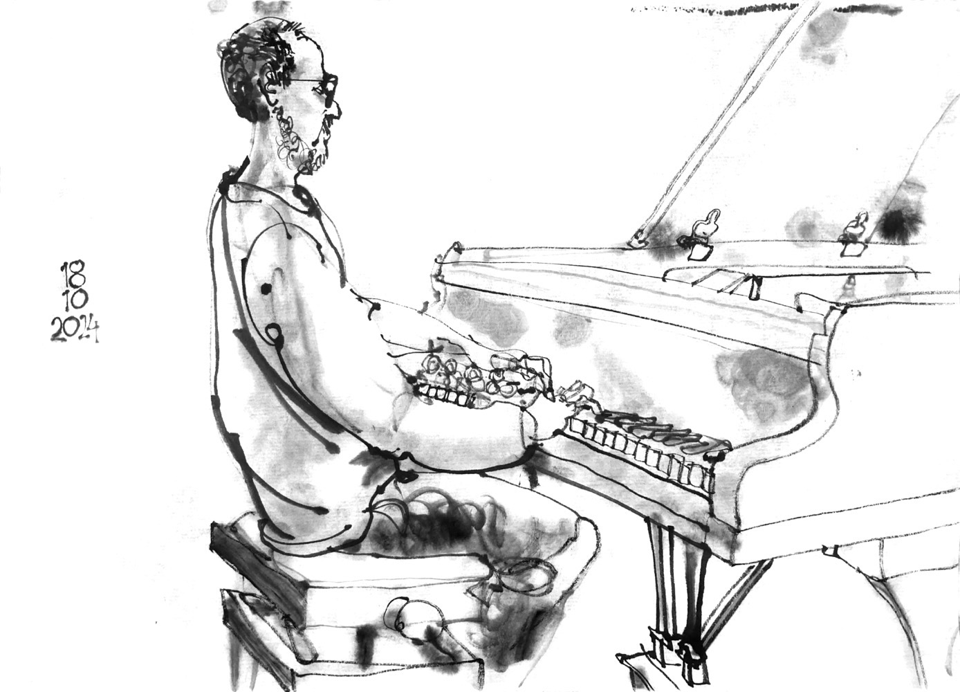 Ink drawing of a man, playing a piano.