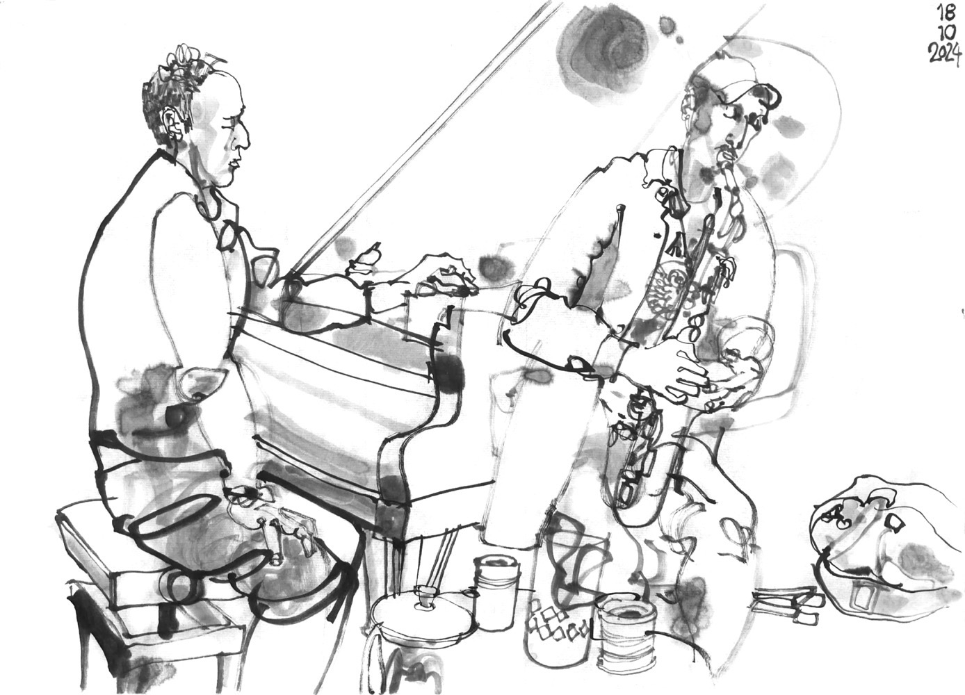 Ink drawing of two musicians, a man adjusting some device, that is positioned inside a piano and another man, playing saxophone.