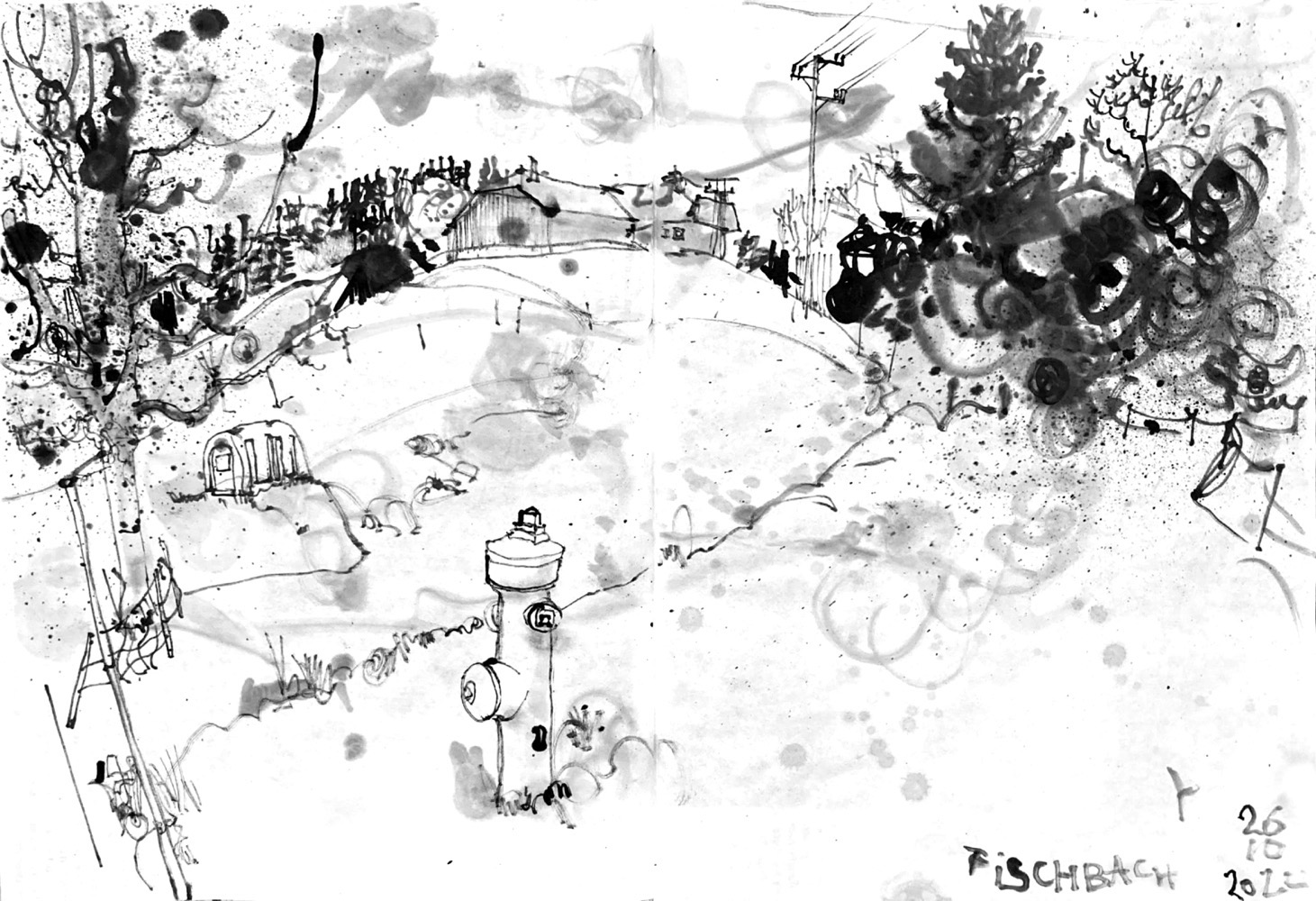 Ink drawing of a weadow, tree left, a water hydrant in the middle, a house and a stable with a traditional gable roofs with hips in the back on top of a hill, a fence between them and forest in the far back and the closer right.