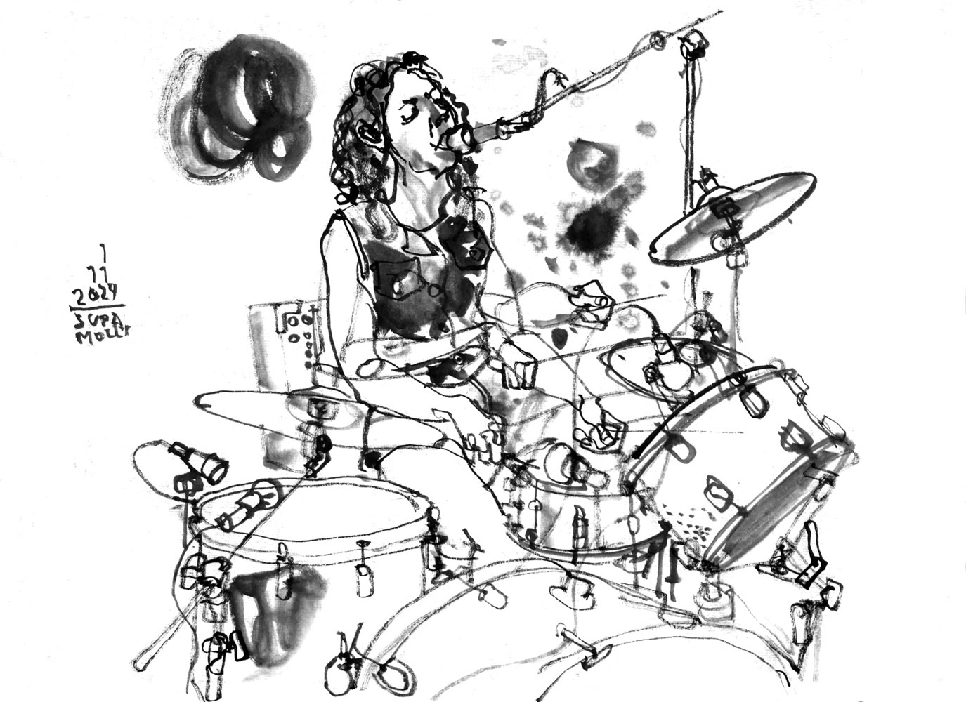 Ink drawing of a woman, playing drums and singing.