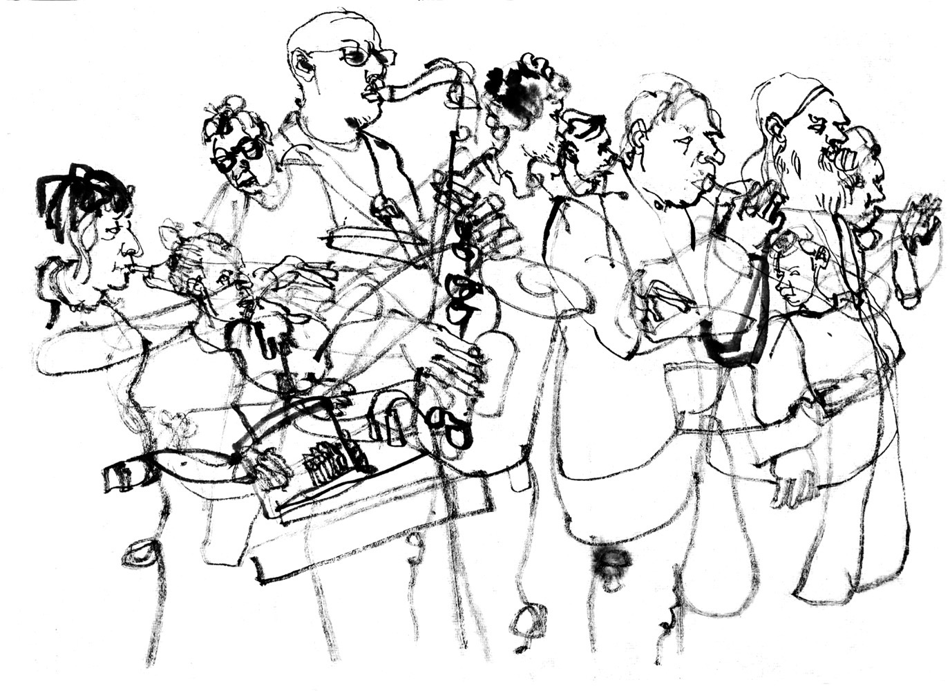 Ink drawing of 10 musicians, playing.