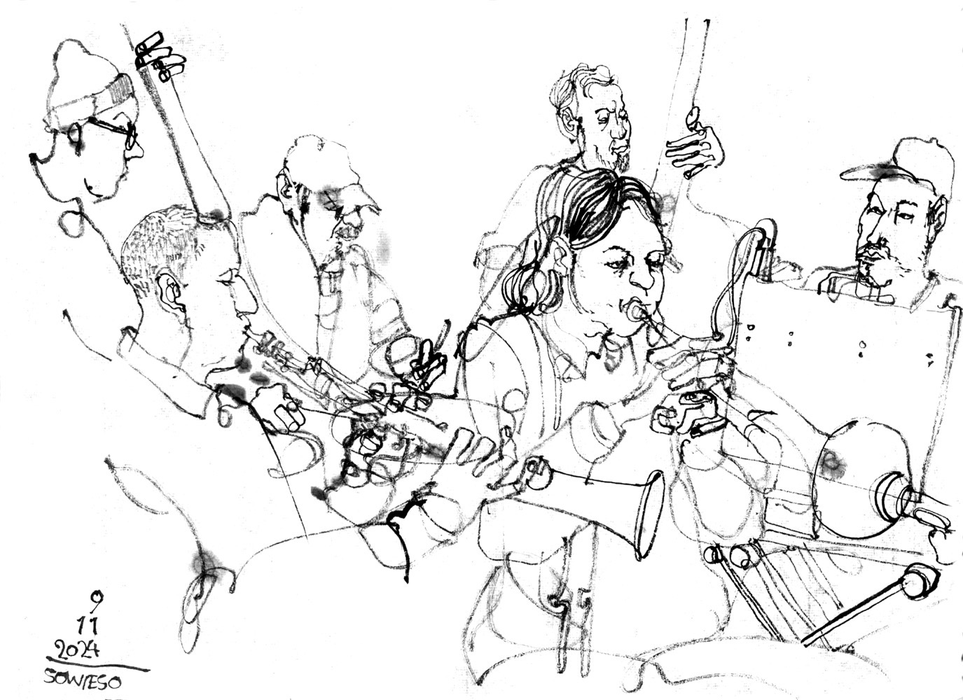 Ink drawing of six musicians, two men playing upright bass, a man playing drums, a man on synthesizer, a woman playing trumpet and a man on soprano saxophone.