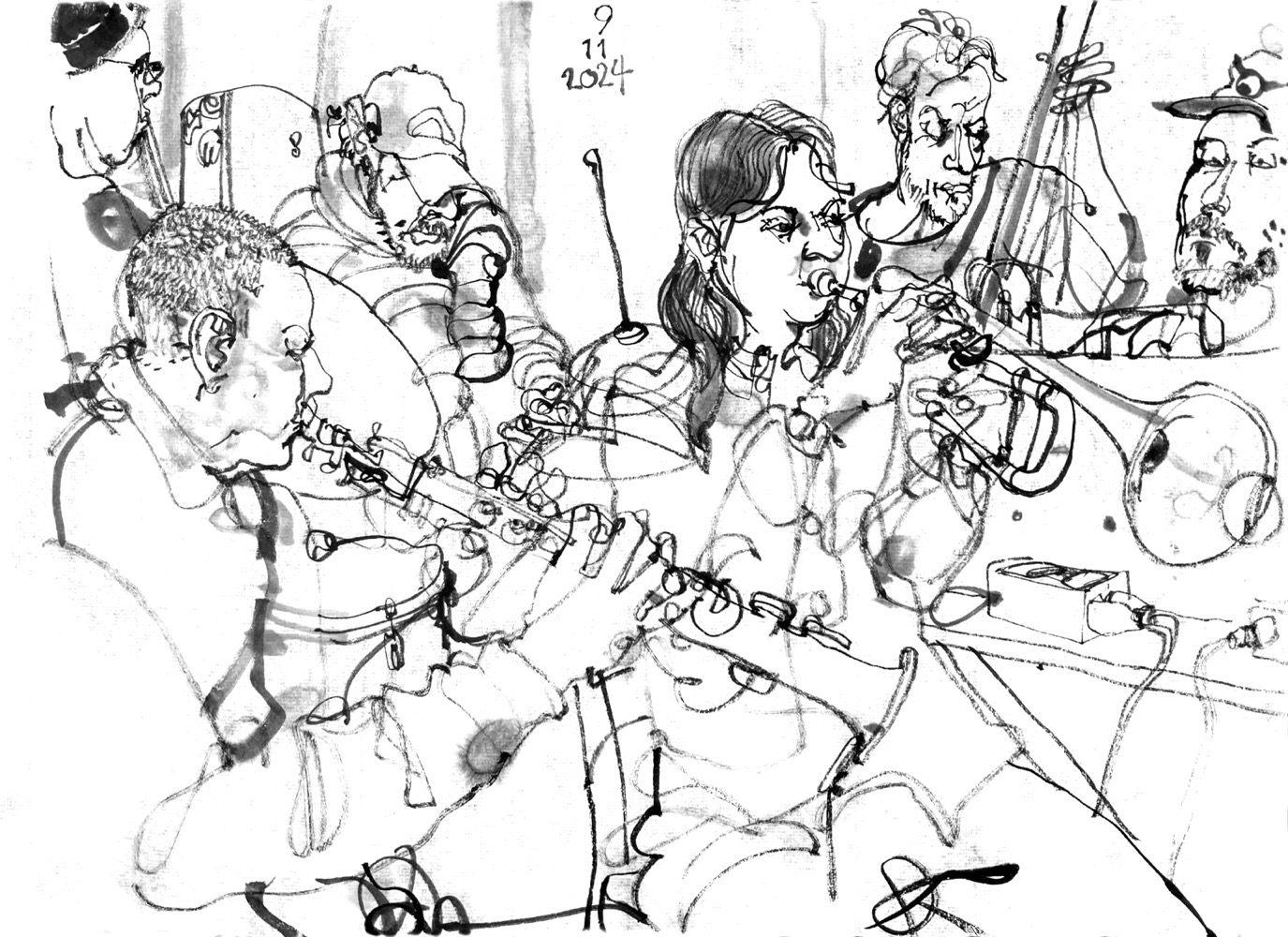 Ink drawing of six musicians, two men playing upright bass, a man playing drums, a man on synthesizer, a woman playing trumpet and a man on soprano saxophone