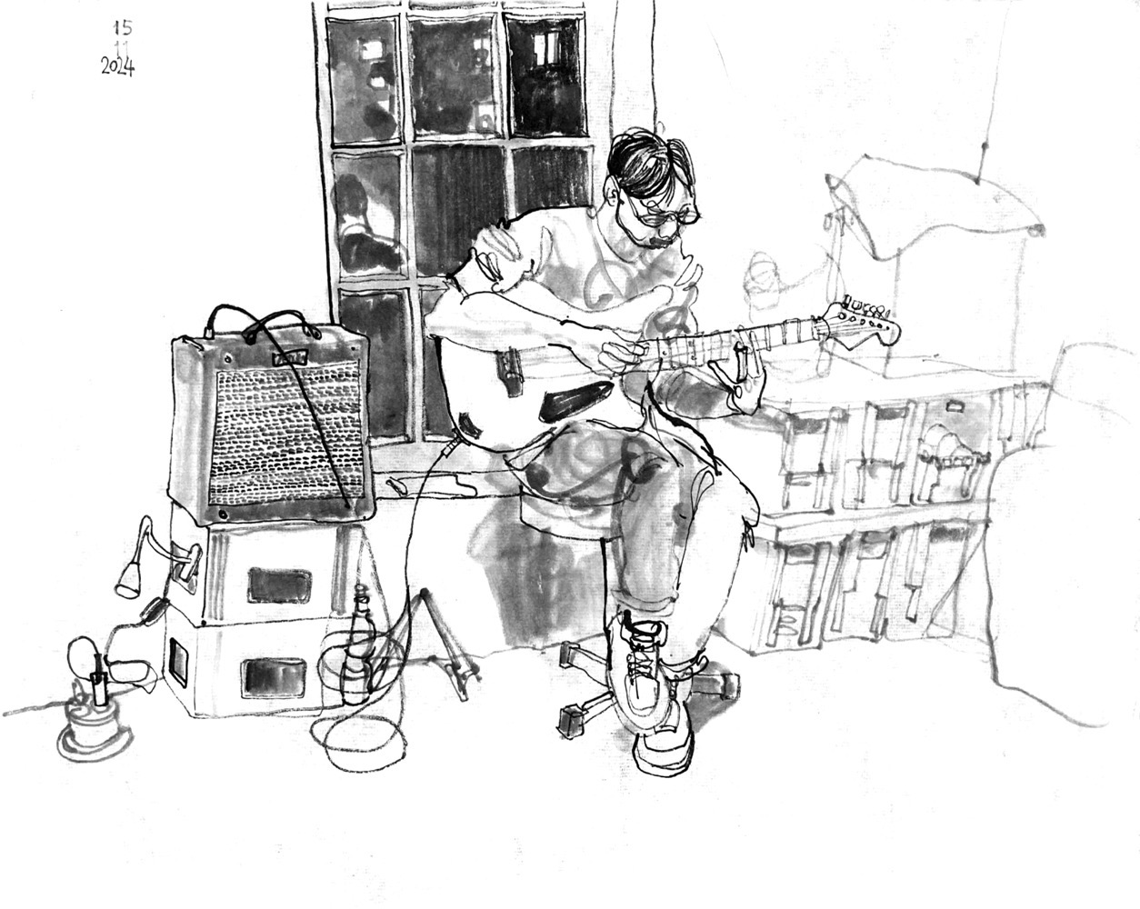 Ink drawing of a male guitar player, sitting in front of a nightly window