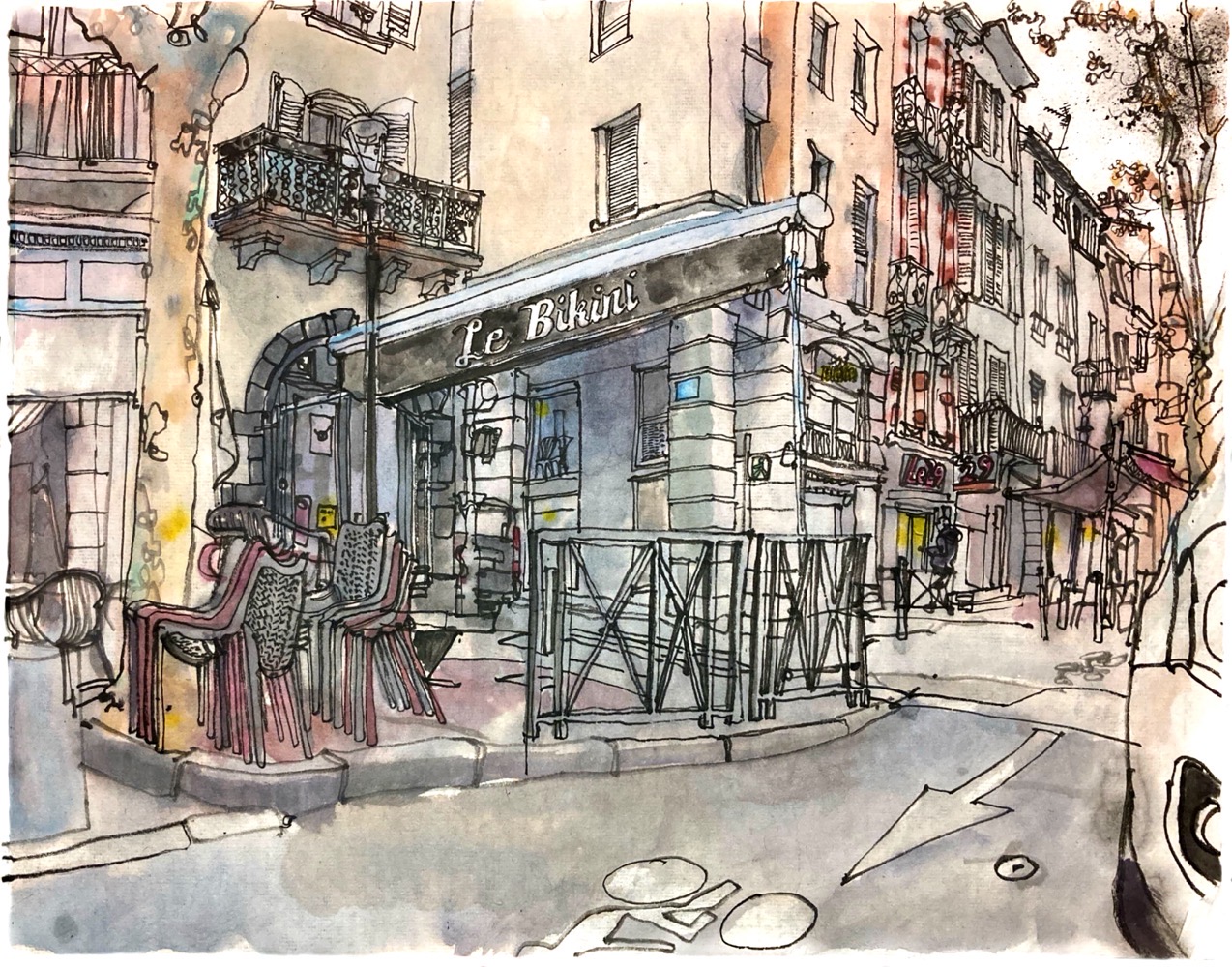 Colored ink drawing of a pub in the street. In front of the pub is a frame with retracted awnings with ‘Le Bikini’ written on the side.
