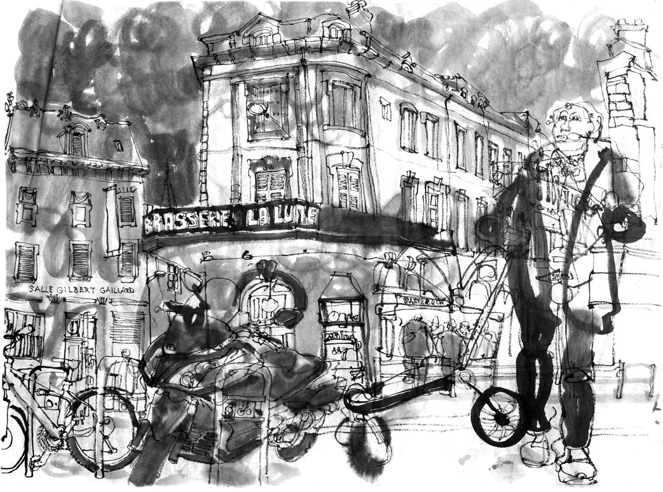 Ink drawing of a street scene - in the ground floor of a corner building between two streets is gastronomy, ‘BASSERIE LA LUNE’ is written on the front edge of a cantilevered roof. In front are bicycle racks with a bicycle and a moto, a Woman standing at the right.