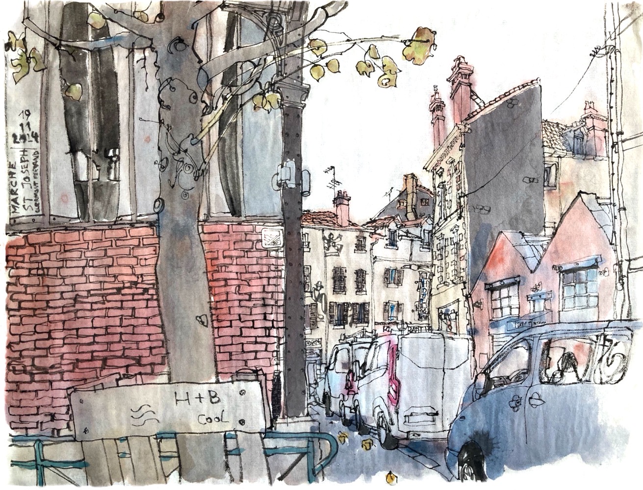 Colored ink drawing of a street scene x on the left is a tree with few autumn leaves at its branches in front of a wall, bricks in the plinth area, industrial glasing above, an iron support with a geometrical ornament on the capital at the corner. On the right are cars parking in a street with a low modern and other four store 19th century buildings.