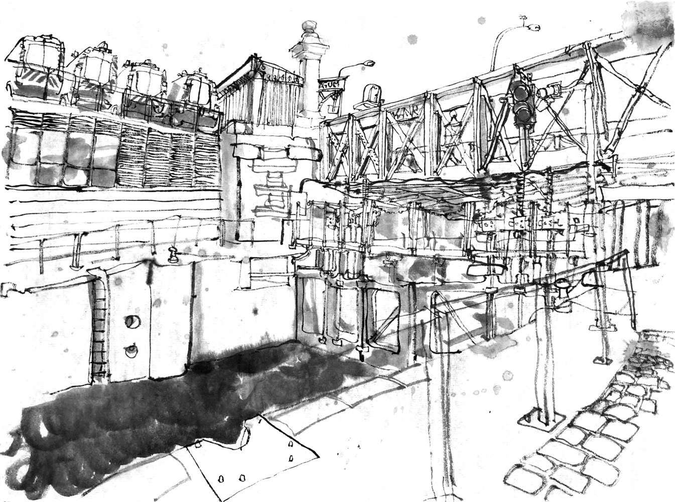 Ink drawing of a lock in a canal,  a railway bridge the canal.