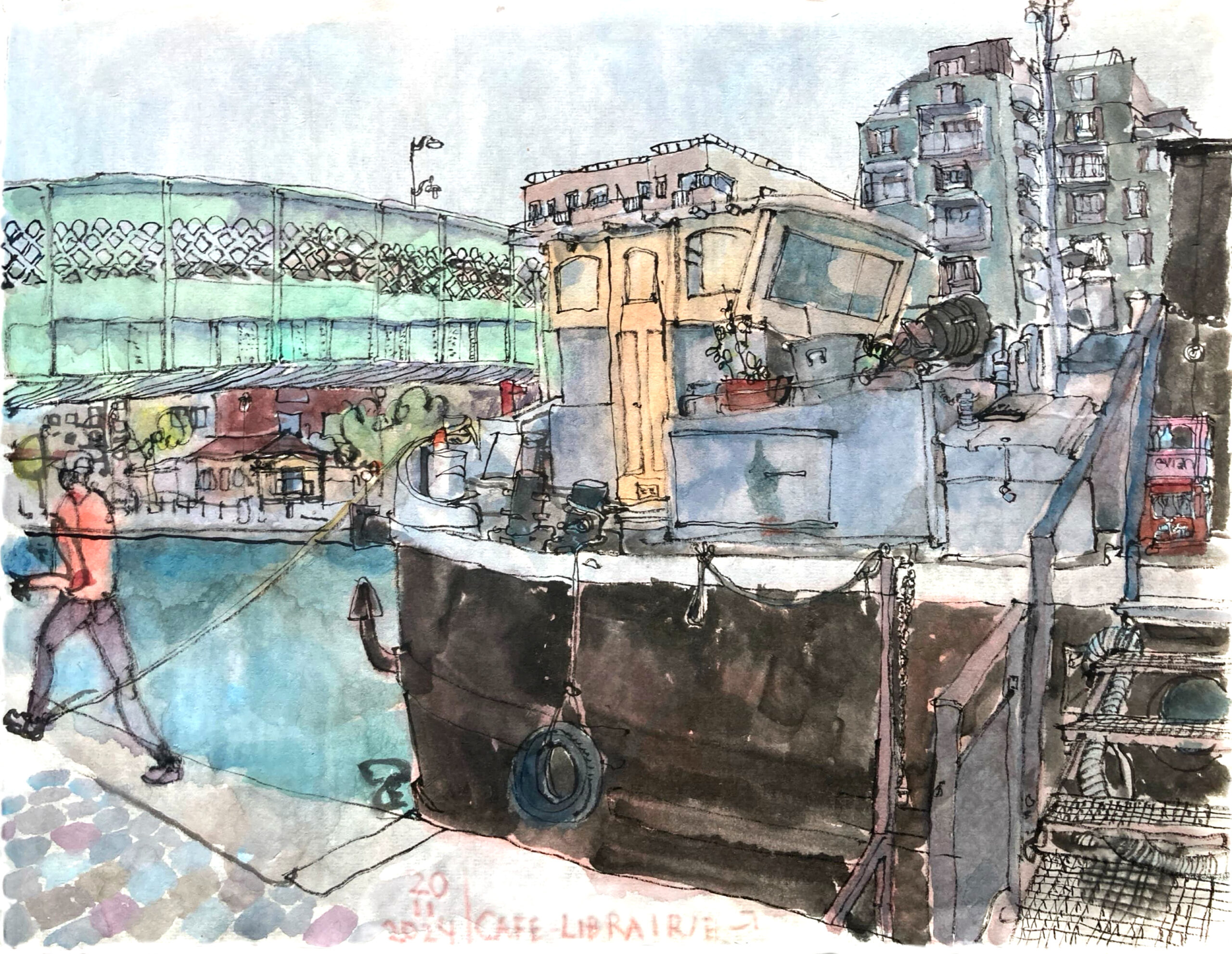 Colored ink drawing from the bank of a canal - a runner on the left in front of green iron bridge, that is crossing the canal, modern apartment buildings on the opposite bank and in the front right the stern of an inland vessel, moored to the bank