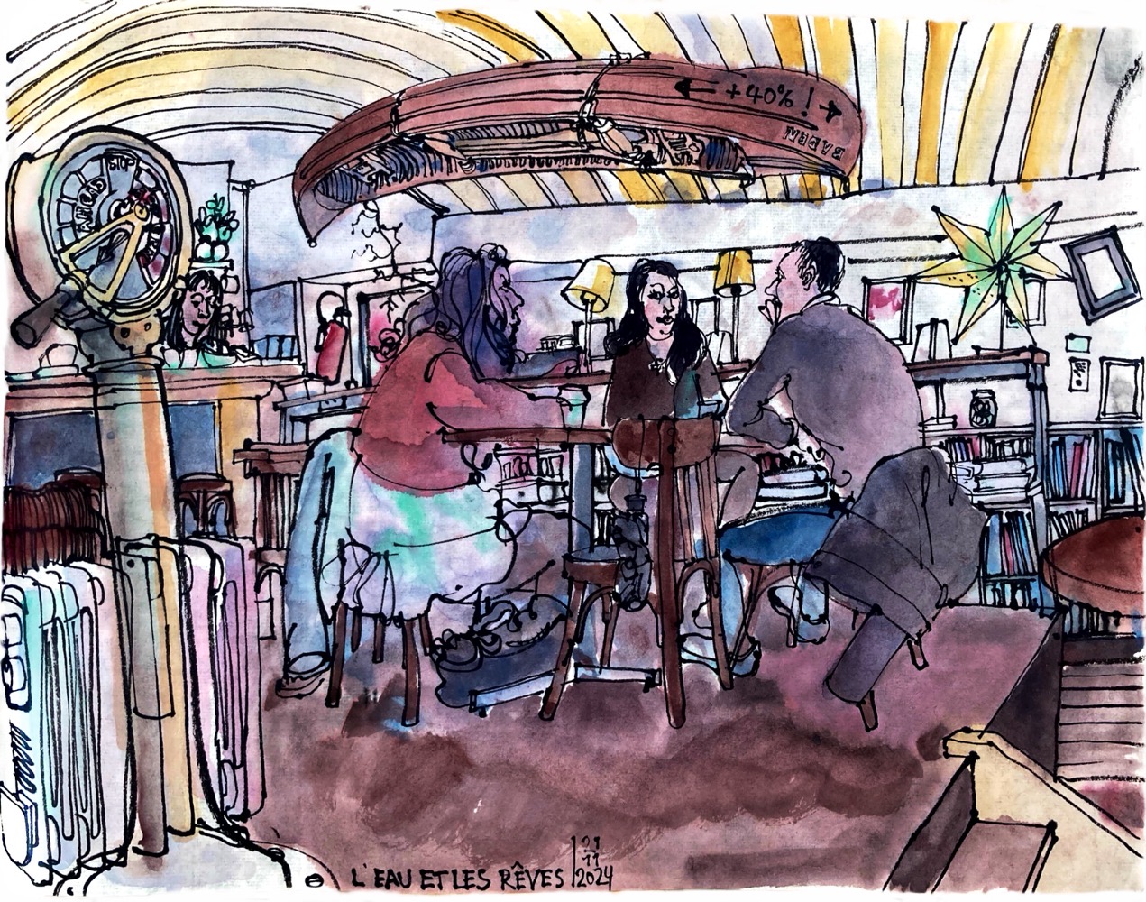 Colored ink drawing of the interior of a cafe. A wooden canoe is hangig upside down from the ceiling above a group aof three guests at a table, two women and one man. At the left is a counter, a woman standing behind it. To the left is an old engine order telegraph.