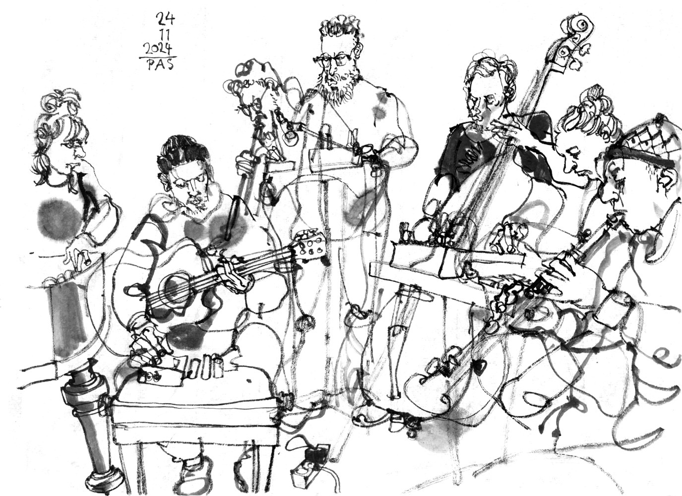 Ink drawing of six musicians.