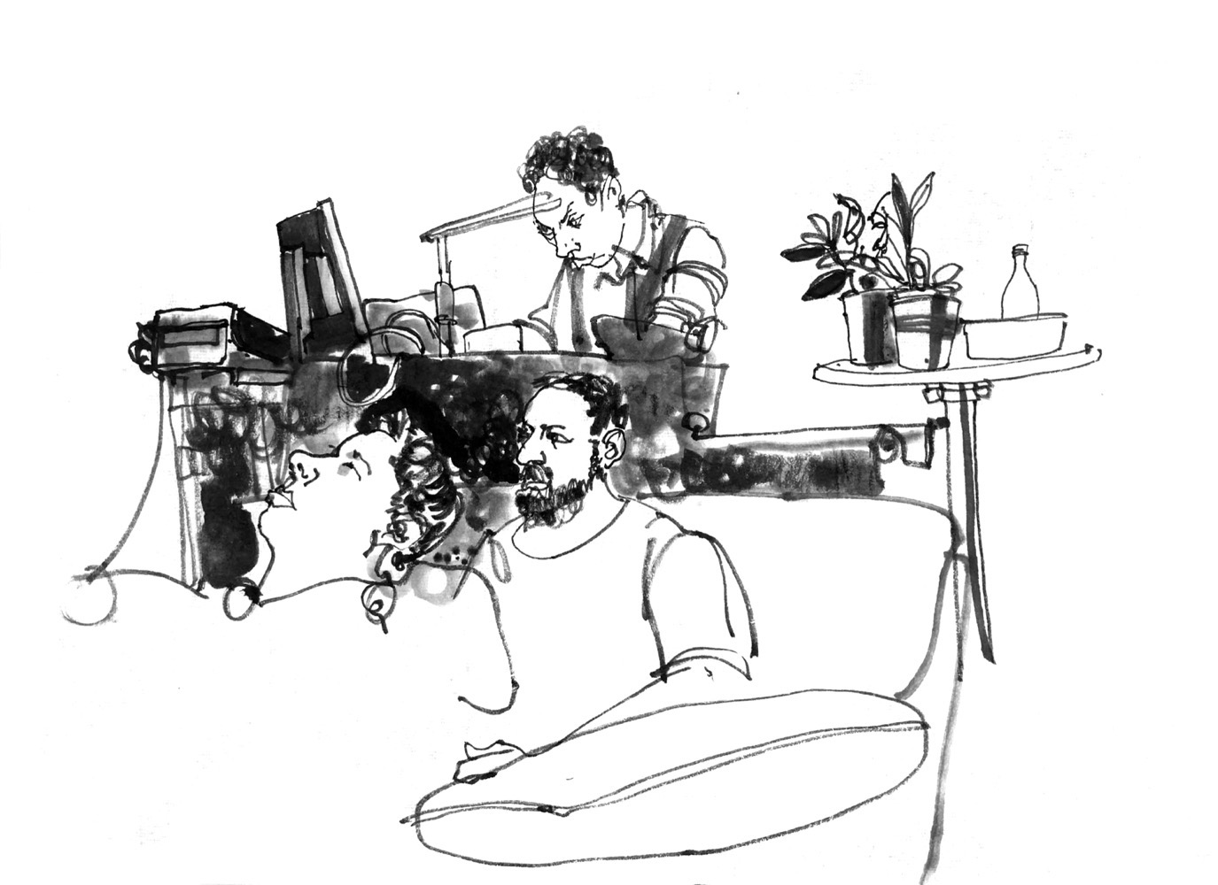 Ink drawing of a woman behind a desk with computers and other devices, a sofa with a man sitting on in in front of the desk, another man relaxing with closed eyes in front.