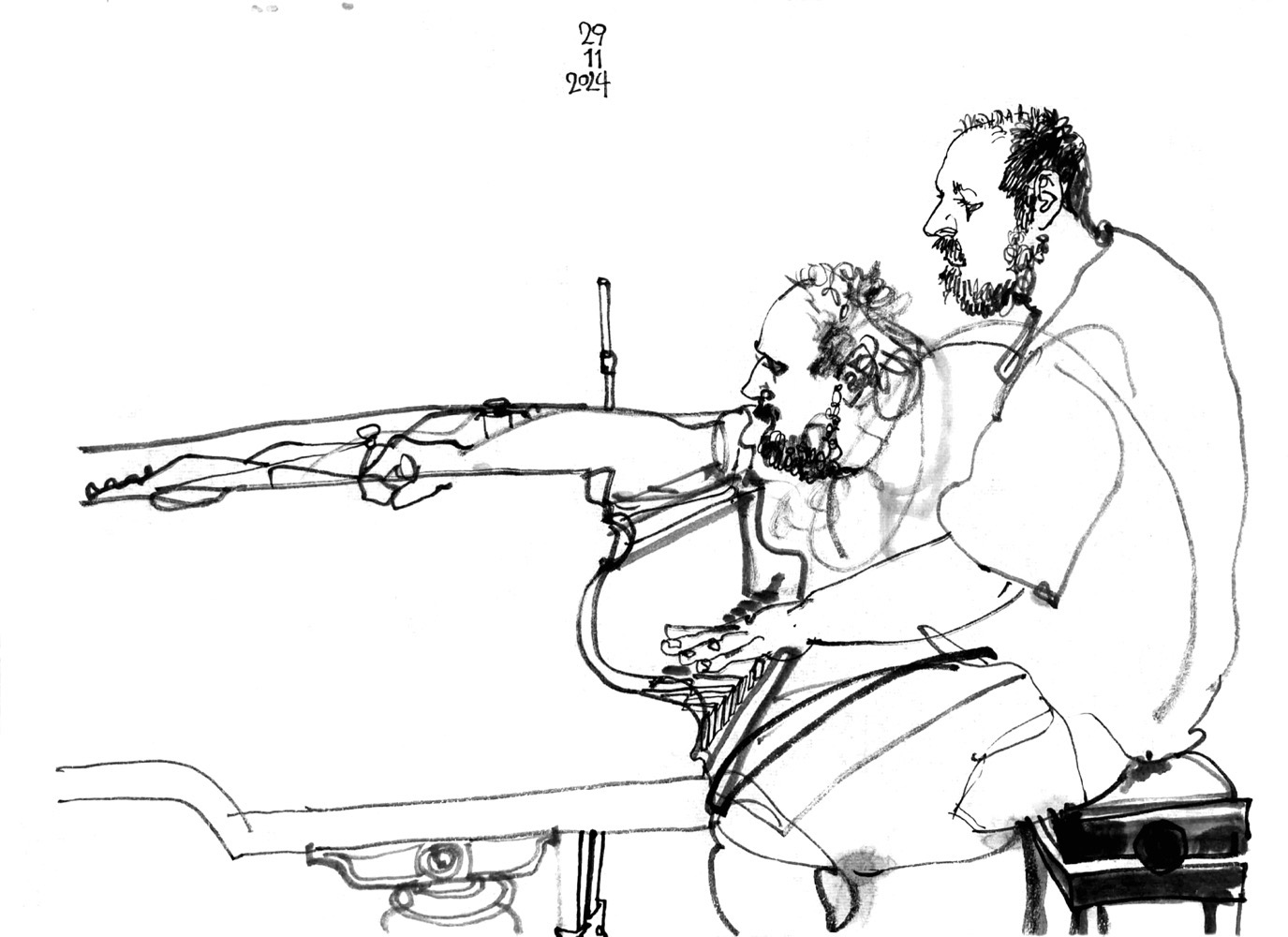 Ink drawing of a man playing piano (depicted twice)