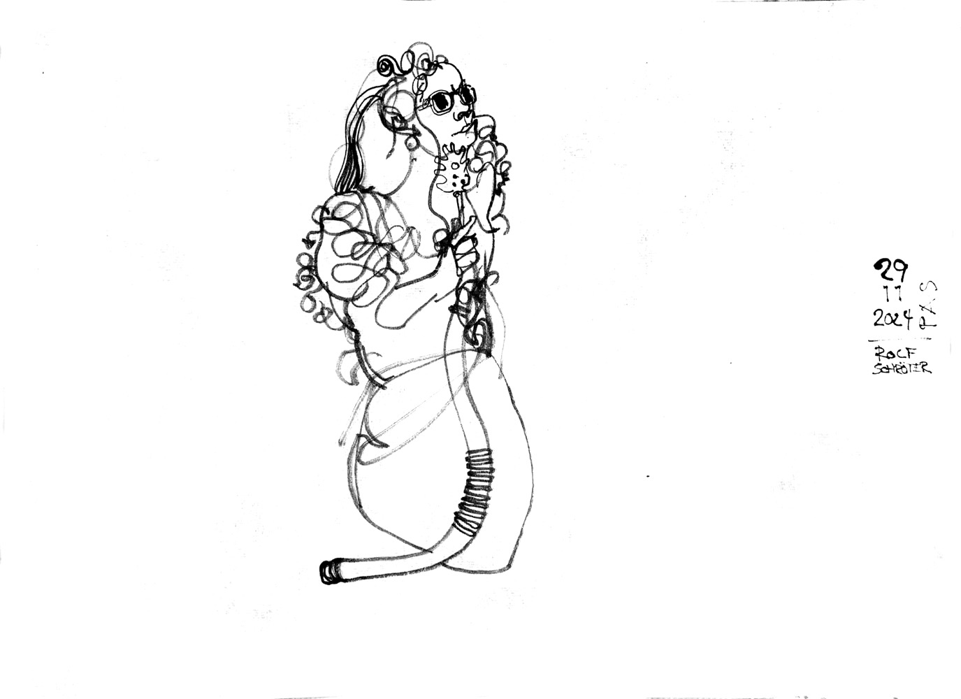 Ink drawing of a woman with sunglasses and stuff.