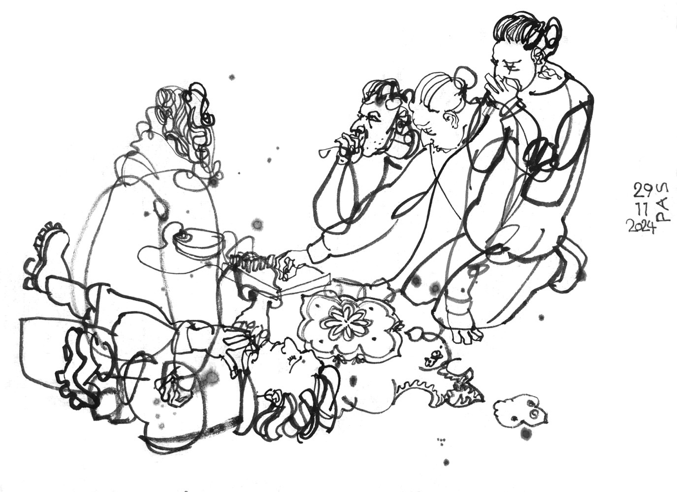 Ink drawing of two men performing, depicted twice and three times, acting on the floor, one with a mic.