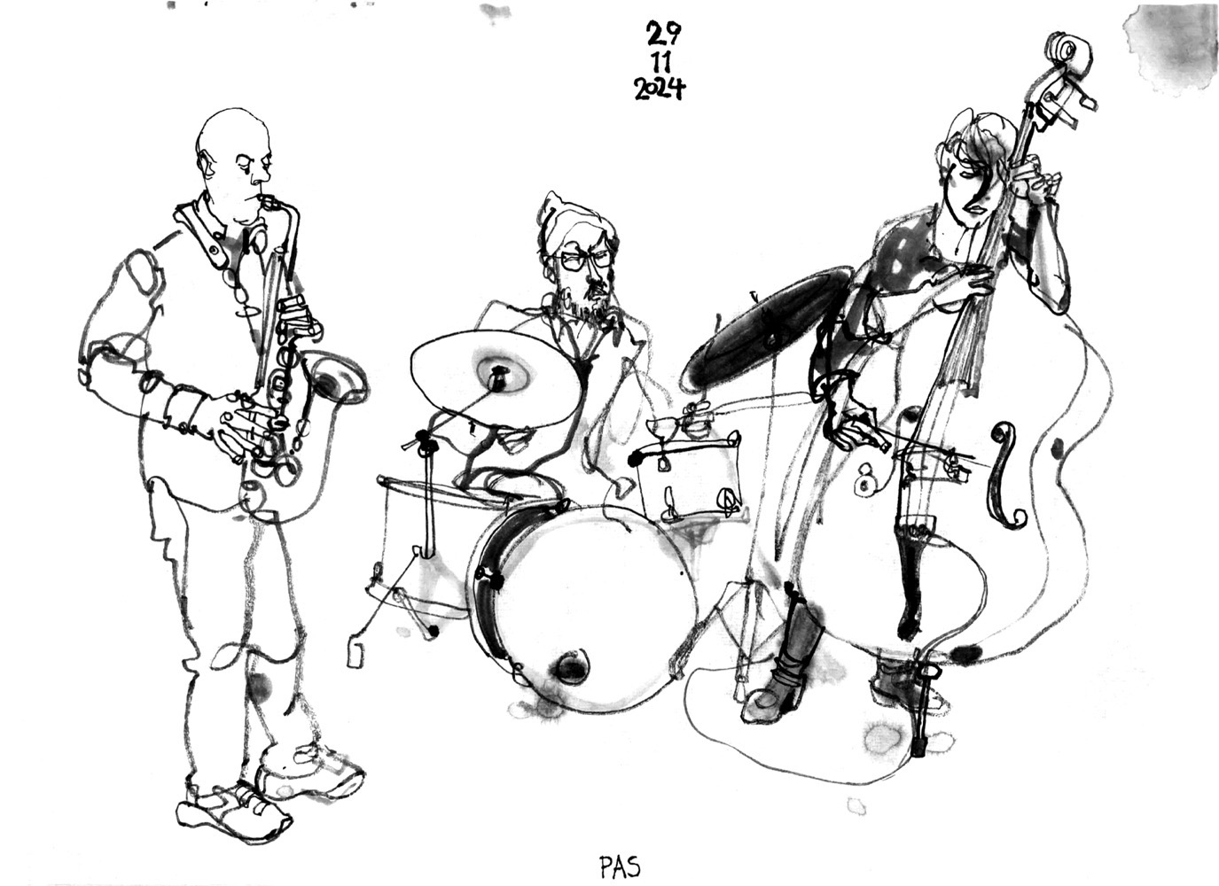 Ink drawing of three musicians, a mn playing saxophone, another man drumming and a woman playing double bass.