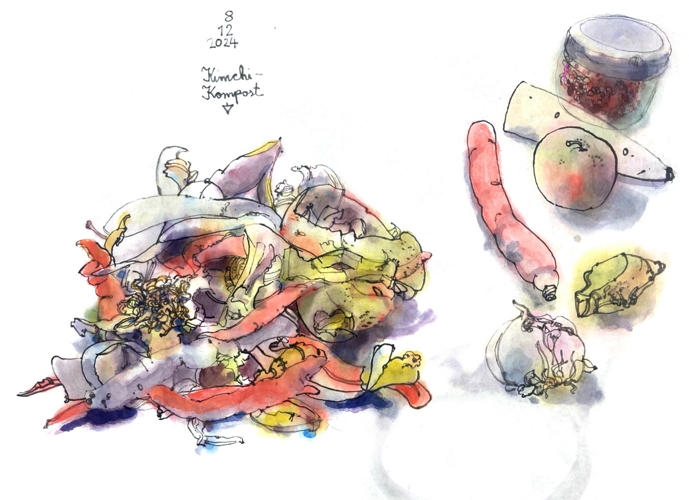 Colored ink drawing of a pile of vegetable peals, a jar with chili flakes, an half radish, an aple, a carrot,a piece of ginger and garlic.